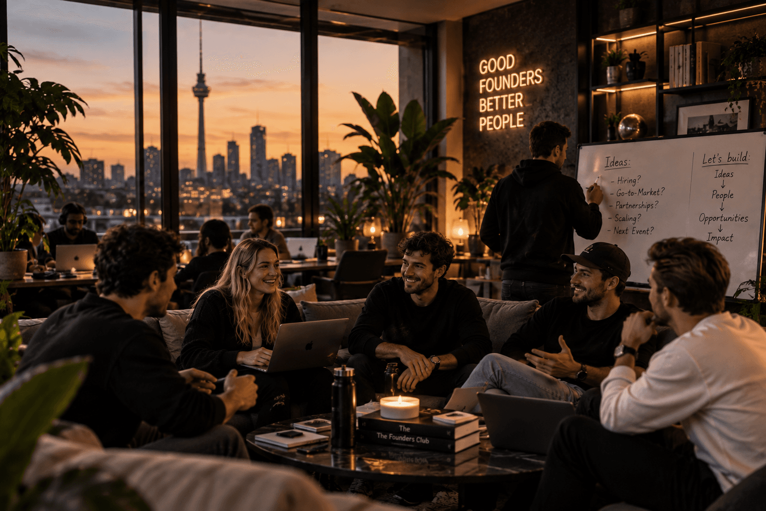 Founders von The Founders Club im Austausch, Skyline im Hintergrund